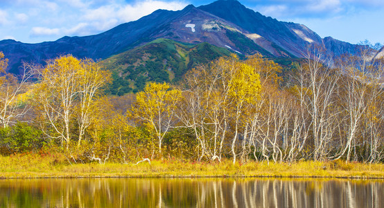 在火山背景的湖中反射到面上火山底地质学秋天背景图片
