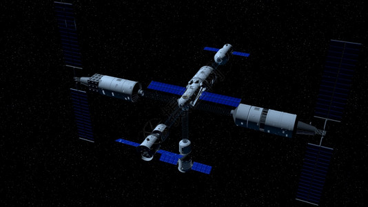 插图显示了天宫三号空间站模块在与天河核心模块耦合方向的黑色空间与星背景3D插图天宫三号空间站模块在耦合到天河核心模块的方向黑色空图片