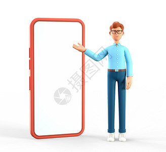 带着大电话3D插图的笑快乐商人肖像漫画站在屏幕上指着手在白色背景中被孤立站年轻的市场图片