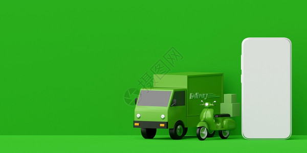 交货面包车电子商务概念移动应用送货服务卡车或摩托运输3D图示46货运图片