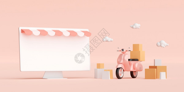 网络摩托车店铺电子商务概念在线购物和送货服务滑板车运输或送餐3d插图图片