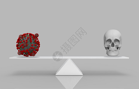 3d使红色Covid19或冠状人体头颅在白三角平衡比例上等同是概念渲染颅骨商业图片