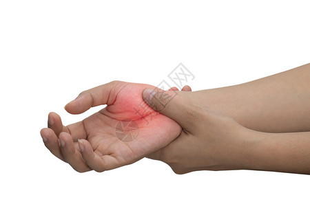 身体一名妇女用手持红色的将她痛苦的手按摩在白背景上被孤立卫生保健类风湿图片