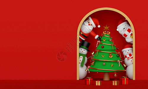 问候特点圣诞快乐新年圣诞树老人和朋友3D卡通片图片