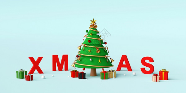 有创造力的红色邀请圣诞快乐和新年圣诞树上写着字母XMAS3D图片