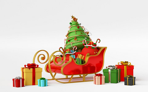 圣诞驯鹿装饰盛满圣诞礼物和树的雪橇剧场3D盒子冬天设计图片