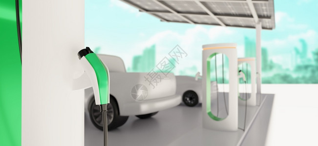 电缆服务在现代充电器站用太阳能池板和绿色城市以背景3d插图收费的EV汽车泊增压器图片