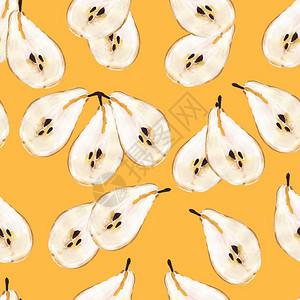 无尽的有机黄梨手绘样板用于印刷纺织物品壁纸海报和种子无缝版面的切片梨子画像等重复插图营养图片
