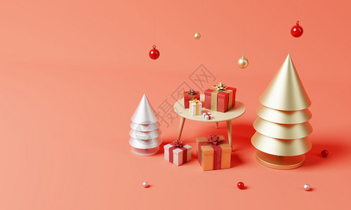 派对圣诞节成套装饰和配有黄金和银的Xma树和红背景雪花假日节和最小目标概念3D插图三维极简主义新的图片