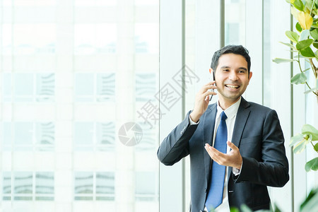 行政人员白种生意讲智能电话笑脸站在窗户边着城市风景办公室建筑内部背景手持智能电话的商人常设图片