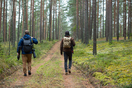 自由相机两位摄影师走过森林享受自然的美丽2November2Noveber户外图片