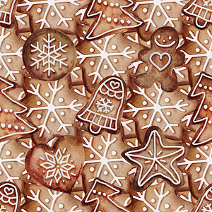 庆典食物圣诞水彩色姜饼的无缝模式干姜面包的无缝模式棕色图片