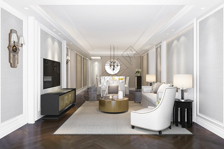 3d提供豪华和现代客厅及餐自在室内的电视图片