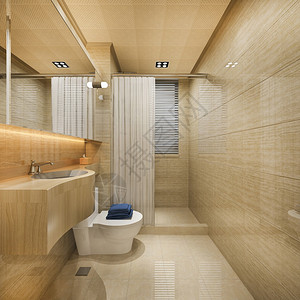 下沉内部的淋浴3d在窗户旁边的卫生间铺设木柴和瓷砖计图片