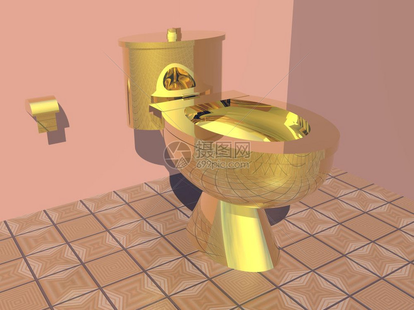 数字的优美多彩洗手间和美丽金色马桶3D座位插图图片
