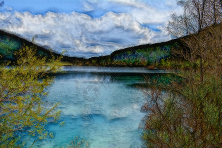 蓝天白云下的湖光秋色图片