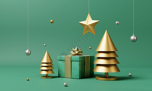 金子圣诞节成套装饰和配有金色的Xmas树和在孤立的绿色背景上放雪花假日节和最低程度目标概念3D插图快乐的实际图片