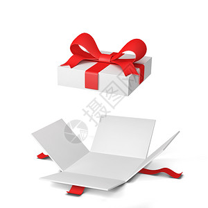 祖婆品展示纸希望盒子带彩色弓和3张礼带的开放品盒白色背景上孤立设计图片