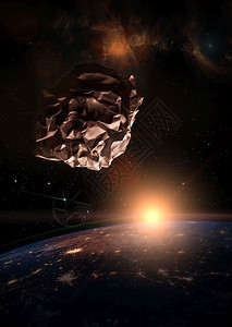 日出时在暗行星地球上空的破碎纸陨石一个星云出现在远处一颗彗星正在空间中运行一个小行星火焰红色的太阳乳白色高清图片素材