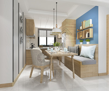 现代家具酒吧3D提供白色最小厨房配有豪华装饰品窗户地面背景
