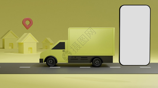 面包车黄色卡上面有白色屏幕移动电话模型超过黄色背景订单交付的黄色卡车在线跟踪3D翻转信息图服务图片