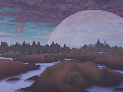 充满岩山树木雾和行星的紫色地貌艺术品数字的图片