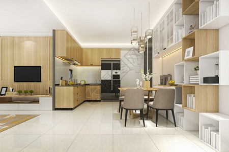 屋房间公寓3D提供白色最小厨房配有豪华装饰品图片