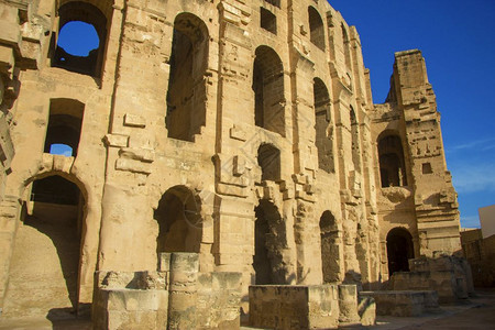 历史的纪念碑北非JemTuni突尼斯古老的两栖田间剧院竞技场古董图片