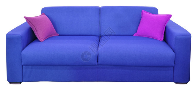 蓝色两座沙发和枕头白底隔离单身的基本扶手椅图片
