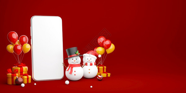 使成为墙纸3d插图用雪人和圣诞礼物的智能手机圣诞快乐活图片
