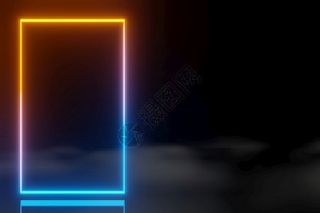 展示框架迷幻的抽象技术LED屏幕蓝色橙发光霓虹灯线动画雾背景3D渲染抽象技术图片