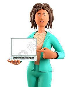 手指广告3D插图微笑着的美籍非洲妇女手持笔记本电脑并展示空白屏幕关闭卡通女商人的肖像将她指向空显示器在白色上孤立卡通片图片