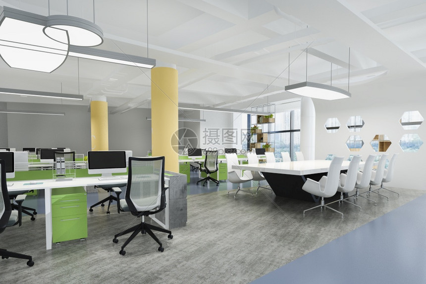 渲染装饰风格介绍举行3次商务会议和配有绿色黄装饰品的办公大楼工作室会议图片