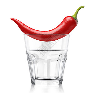 酒精辛辣的新鲜含红椒3d插图的威士忌清玻璃和红辣椒3d图片
