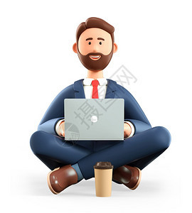 成人工作流程幽思3D插图用笔记本电脑坐在地板上的胡子男卡通在瑜莲上微笑着的商人使用社交网络孤立在白背景工作场所概念中图片