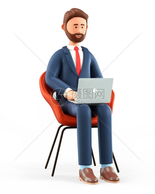 扶手椅快乐的用笔记本电脑和坐在椅子上微笑着脸的卡通长胡子商人在办公室工作并使用社交网络孤立于白背景工作场所概念的3D插图快乐男人图片