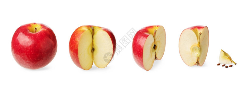 放健康整个新鲜苹果切成半四分之三一最多零在白背景上孤立于一个过程的减少或衰和阶段的概念c一个过程的减少或退缩和阶段吃图片
