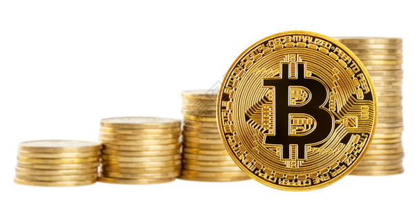 网络电子的Bitcoin有关白背景中被孤立的硬币堆积增加背景Bitcoin关于发展和增长新虚拟货币Bitcoin概念关于堆叠越来图片