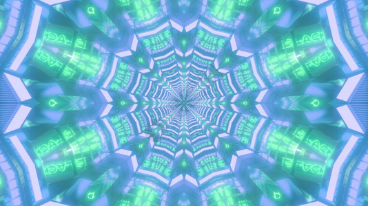 亮蓝色和绿3D图示视觉背景其光线对称花朵形状的甘莱多斯图案形成无尽的隧道设计图案彩色甘蓝3d图案背景抽象的辉光发图片