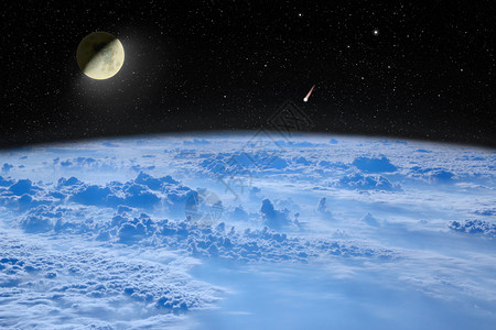 夜晚天文学星空与月及坠落于地球人云大气层表面上空的彗星从间看到太月球在地空间貌和月与彗星的空上方云星空与月彗相伴而来图片