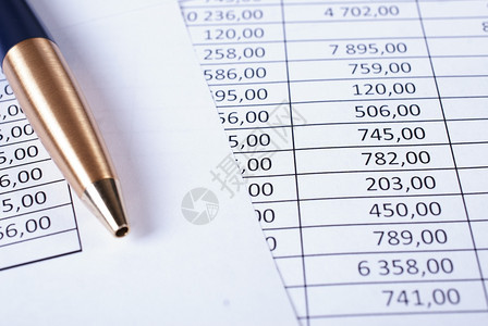 银行业指数Ballpoint笔放在印刷财务表角的圆上PenPen以数字表格的形式躺在印刷财务报告上角落图片