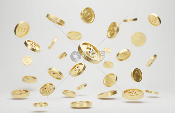 黄色的白背景杰克或赌场三点概念的黄金硬币有美元符号跌落或飞走的金币融闪亮图片