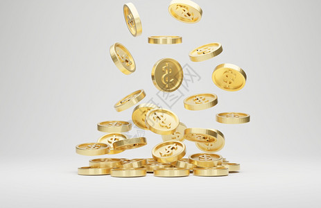 白背景杰克或赌场三点概念的黄金硬币有美元符号跌落或飞走的金币者奖成功图片
