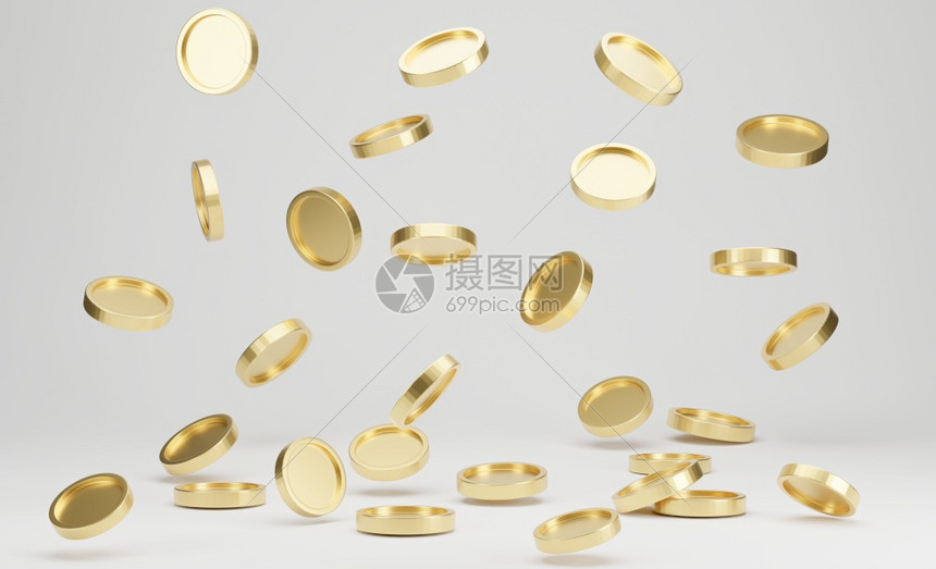 金币跌落或飞在白色背景的彩票或赌场3级概念上黄色的雨现金图片