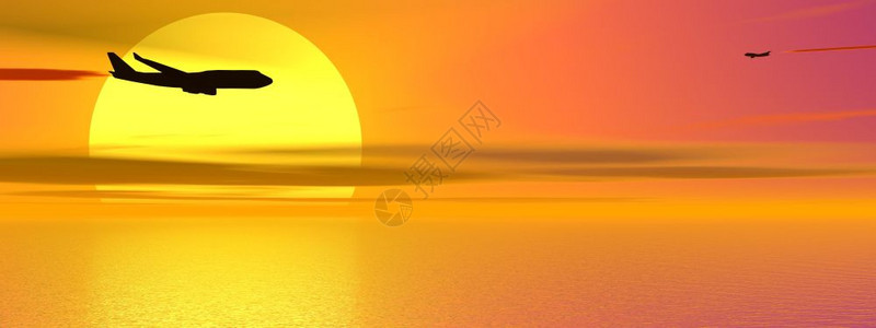 颜色航天两架飞机在日落前行的影子全景图片