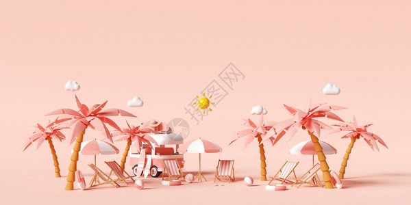 冲浪暑假概念乘面包车前往海滩旅行车上载有附件在海滩上以粉红背景泊车3D插图颜色配件图片
