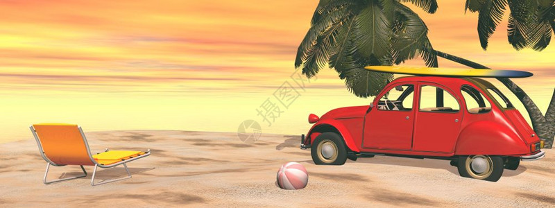 夏天旅游古老的3D使得DeuchFrench汽车在海滩的节假日变成3DDD图片