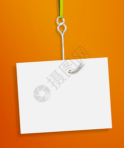 鱼钩在橙色背景纸上挂在吊钩的空白纸页色的信息图片