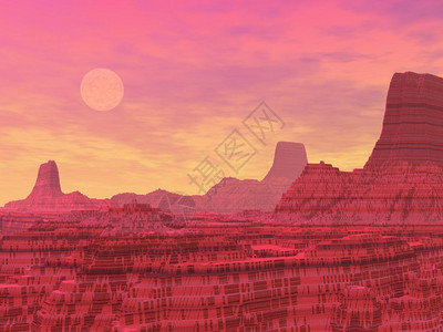 荚状云红色的风景与岩石状山峰如峡谷和日落时行星夜晚经过云设计图片