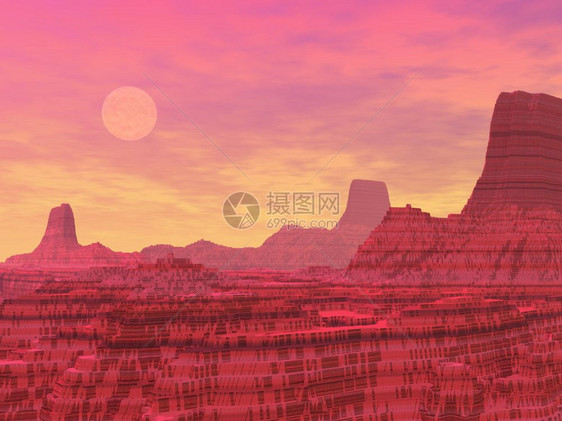 红色的风景与岩石状山峰如峡谷和日落时行星夜晚经过云图片
